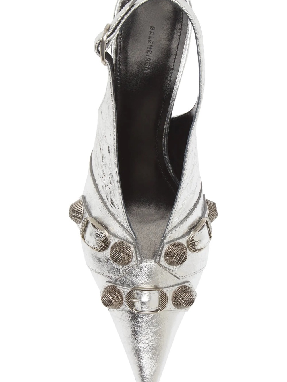 Balenciaga Metallic Silver Studded Pointed Slingback Pump